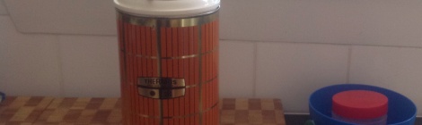 Retro vintage thrifted thermos orange gold plaid op shopped
